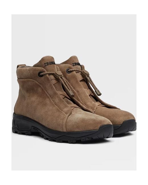 Zegna Brown Triple Stitch Vetta Suede Sneakers for men