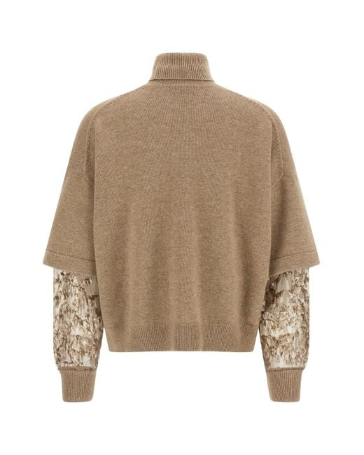 Brunello Cucinelli Natural Sequin-Embellished High-Neck Sweater