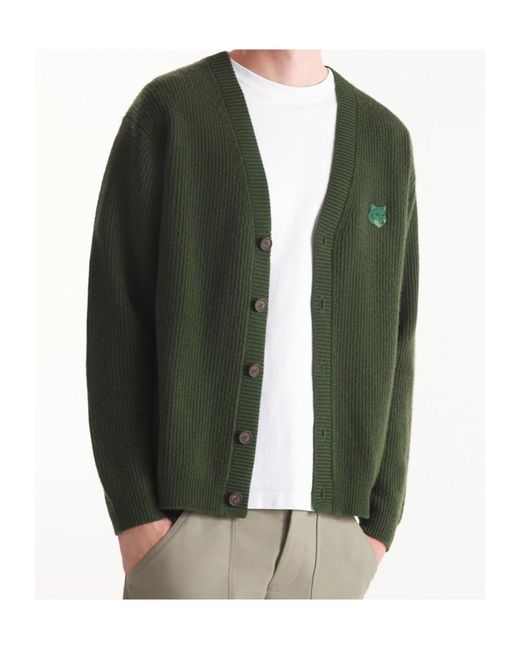 Maison Kitsuné Green Maison Kitsuné Bold Fox Head Patch Knitted Cardigan for men