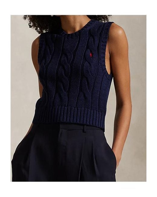 Polo Ralph Lauren Blue Cable-Knit Cropped Vest