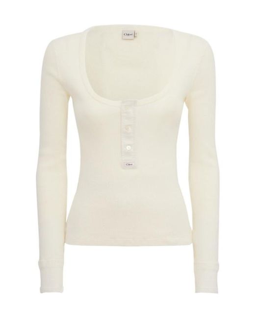 Chloé White Ribbed Cotton Jersey Long Sleeve Top