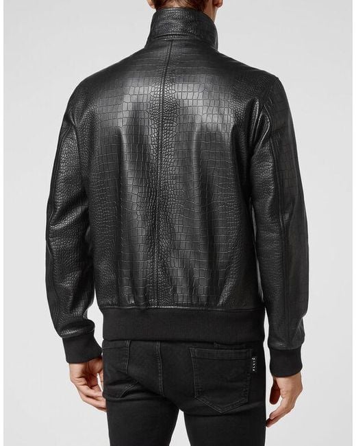 Philipp Plein Black Crocodile-Effect Leather Bomber Jacket for men