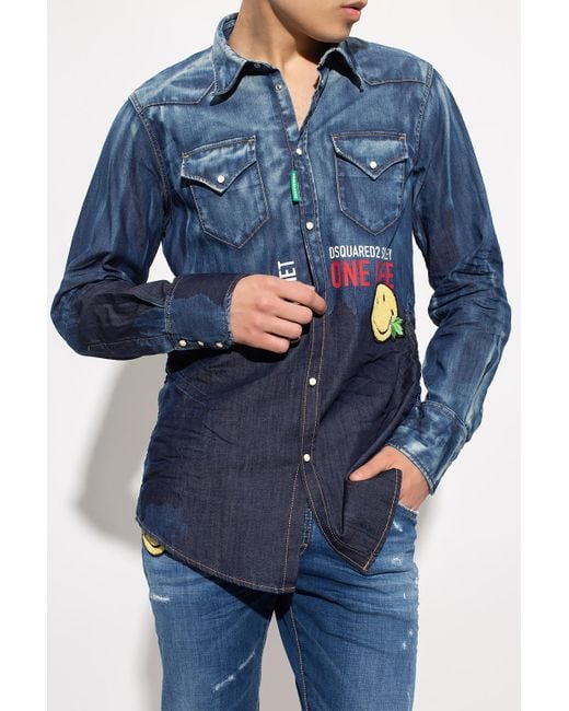 DSquared² Blue Denim Logo-Print Shirt for men