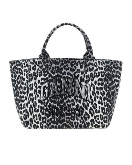 Ganni Black Leopard Printed Medium Tote Bag