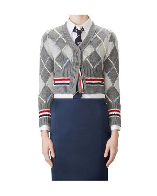 Thom Browne Gray Argyle-Intarsia Knitted Cardigan