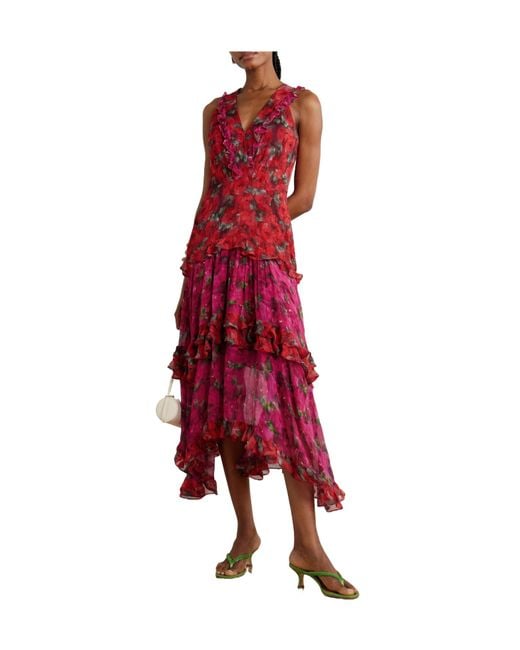 Saloni Red Chiffon And Crepon Maxi Dress