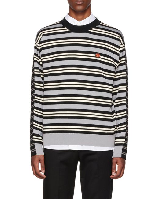 KENZO Black Flower Patch Striped Light Sweater for men