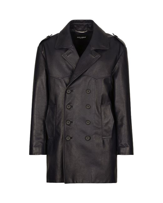 Dolce & Gabbana Black Peak-Lapels Leather Double-Breasted Coat for men