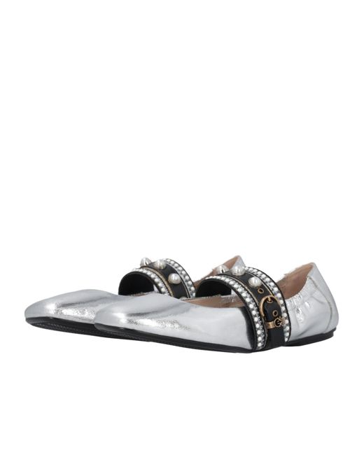 Pinko White Pearl-Embellished Buckle Ballet Flats