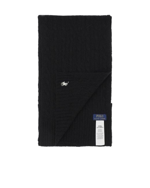 Polo Ralph Lauren Black Pony Embroidered Cable-Knit Scarf