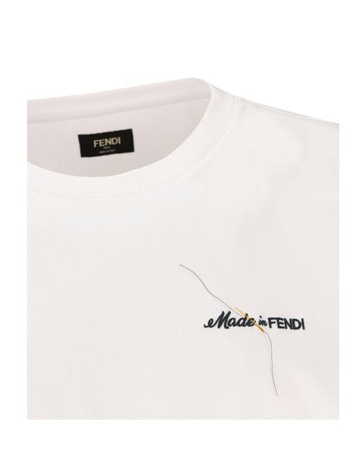 Fendi White Logo Embroidered Crewneck T-Shirt for men