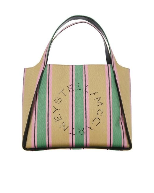 Stella McCartney Green Striped Logo Embellished Tote Bag