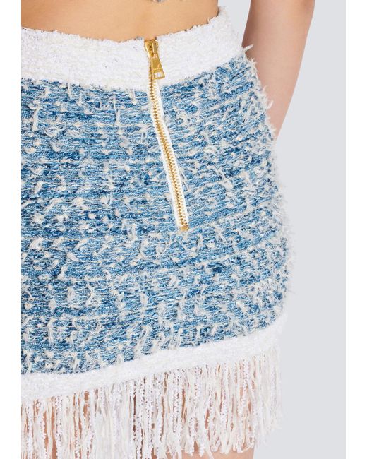 Balmain Blue Buttoned Denim Fringed Tweed Mini Skirt