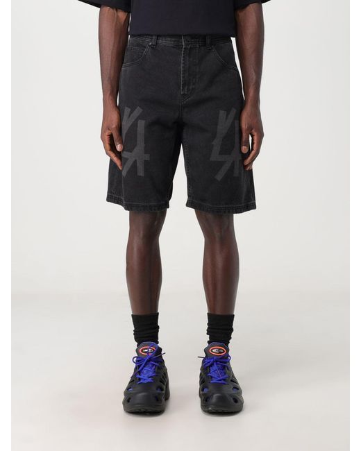44 Label Group Black Logo-Print Wide-Leg Denim Shorts for men