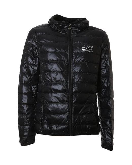 EA7 Black Logo Printed Quilted Down Jacket for men