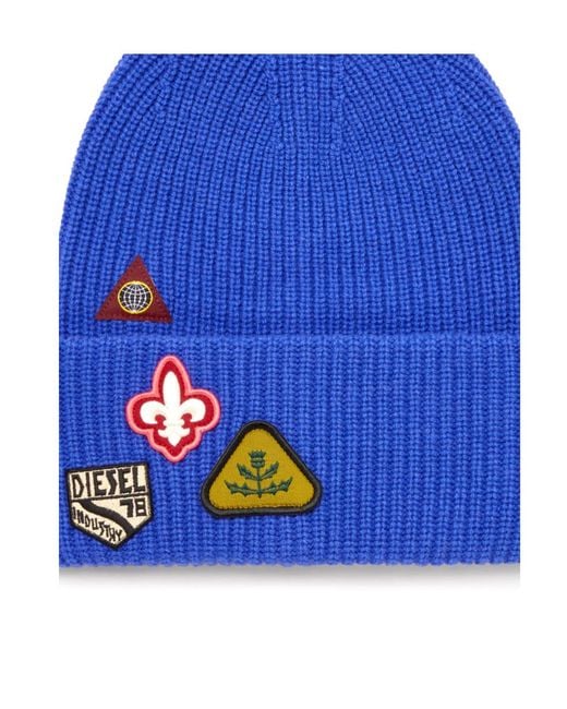 DIESEL Blue K-Phat Patch-Detail Ribbed-Knit Beanie Hat for men