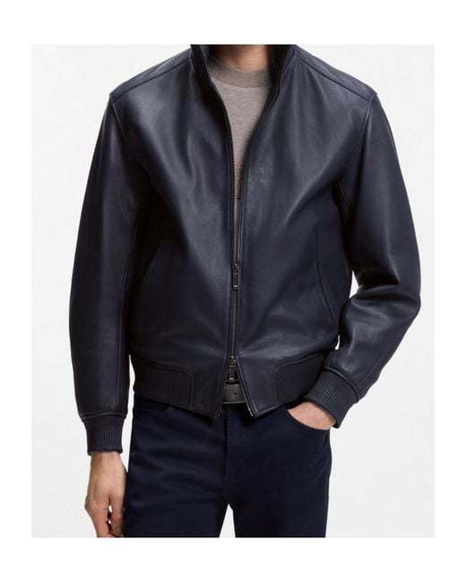 Boss Blue Zip-Up Leather Bomber Jacket for men