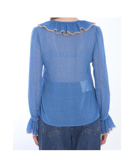 Valentino Blue Polka-Dot Printed Ruffled Blouse