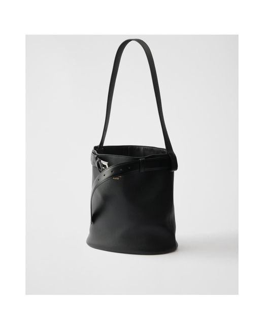 Prada Black Buckle Leather Bucket Bag With Belt