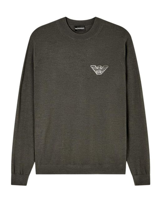 Emporio Armani Gray Logo-Embroidered Wool Sweater for men