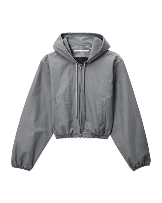 Alexander Wang Gray Crystal Hotfix Drawcord Shrunken Hoodie Jacket