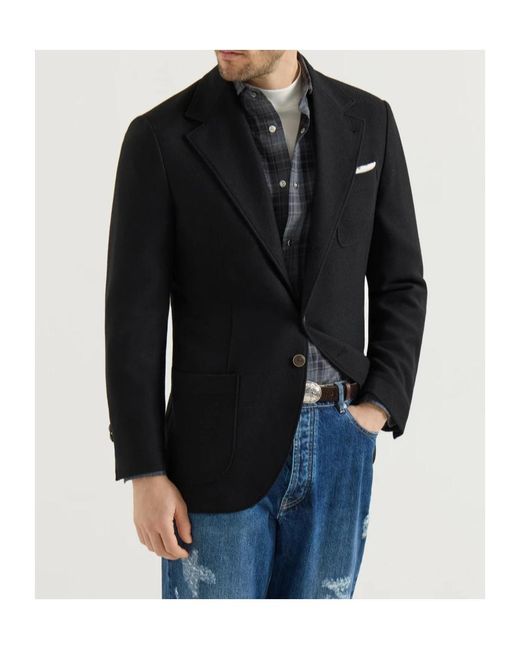 Brunello Cucinelli Black Cashmere Panama Deconstructed Blazer With Patch Pockets for men