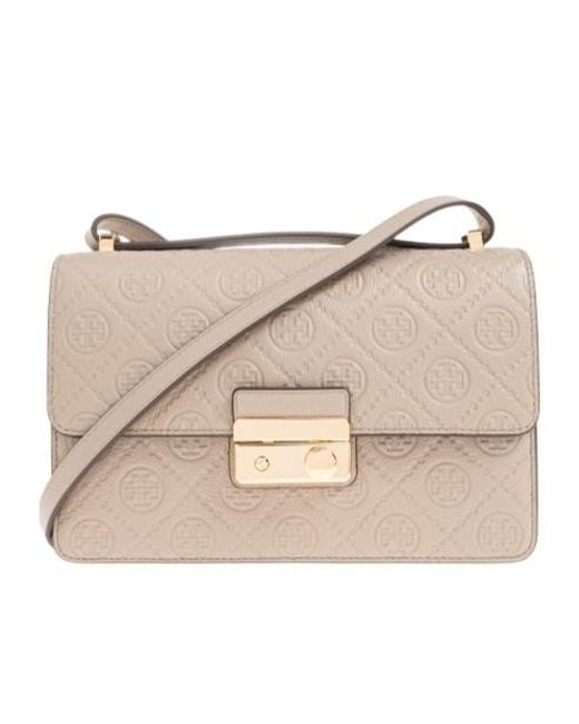 Tory Burch Natural Embossed Logo Flap Bag