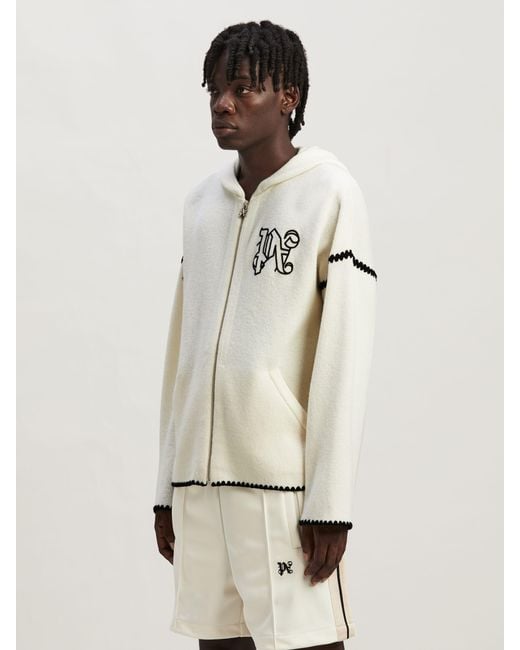 Palm Angels Natural Monogram Embroidered Zipped Knitted Hoodie for men