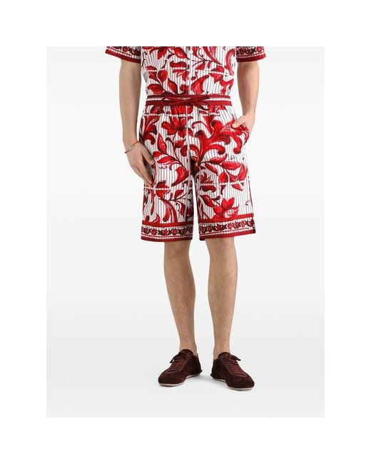 Dolce & Gabbana Red Majolica-Print Striped Poplin Vanity Bermudas for men
