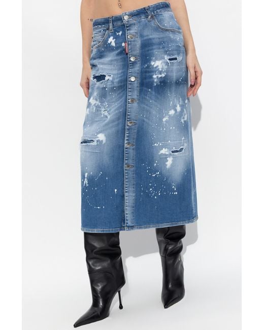 DSquared² Blue Distressed Denim Midi Skirt