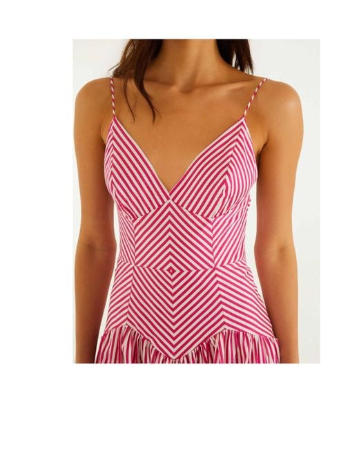 Farm Rio Pink Palm Tree-Embroidered Striped Midi Dress