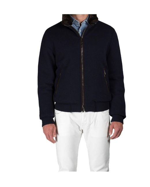 Moorer Blue Faux Fur Collar Zip Jacket for men