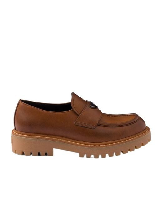 Prada Brown Logo Plaque Round Toe Loafers for men