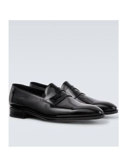 John Lobb Black Jamie Patent Leather Penny Loafers for men