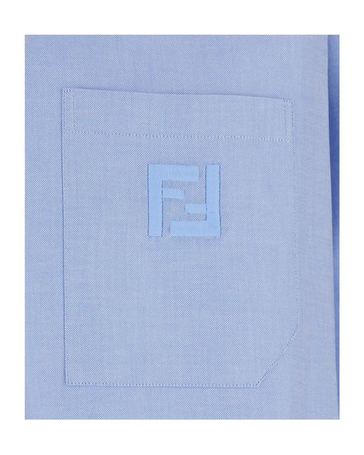 Fendi Blue Logo Embroidered Bown-Down Oxford Shirt for men