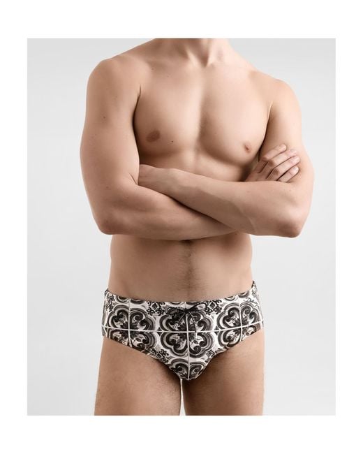 Dolce & Gabbana White Graphic Printed Drawstring Swim Trunks for men