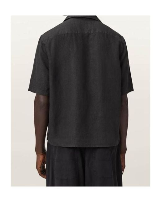 AllSaints Black Klavicle Short Sleeve Linen Embroidered Shirt for men