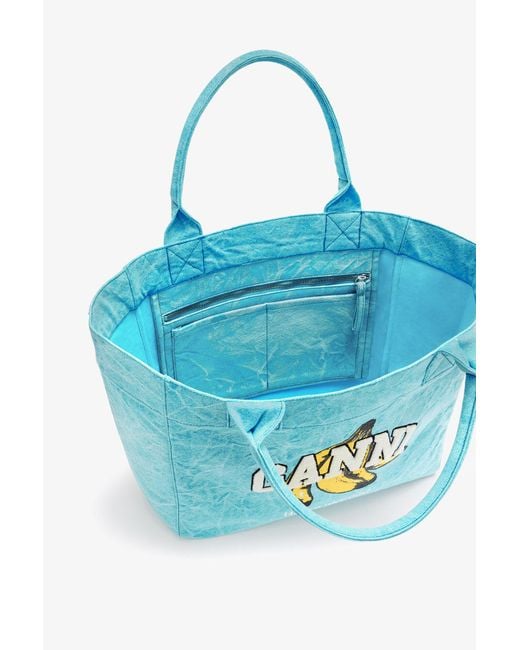 Ganni Blue Banana Print Medium Tote Bag