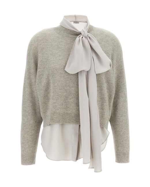 Brunello Cucinelli Gray Monile Detailed Knit Sweater