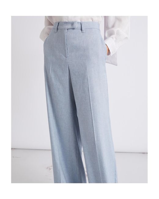 Marella Blue Herringbone Linen And Viscose Palazzo Trousers