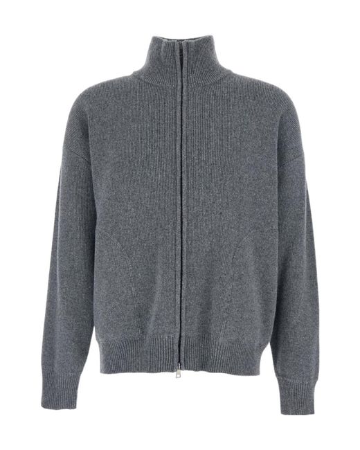 Roberto Collina Gray High Neck Ribbed Knit Cardigan for men