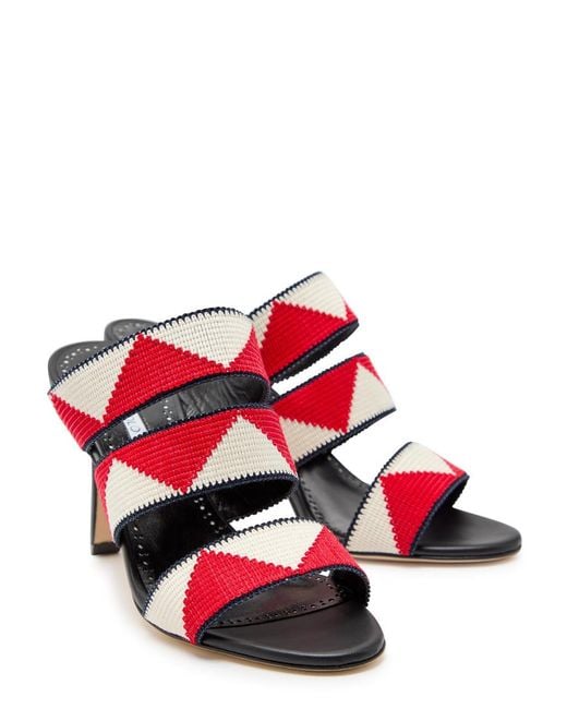 Manolo Blahnik Red Capro 90 Striped Leather Sandals