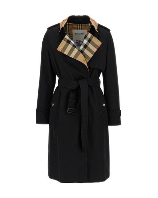 Burberry Black Long Check Collar Gabardine Trench Coat
