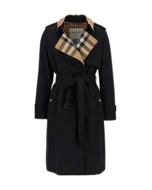 Burberry Black Long Check Collar Gabardine Trench Coat