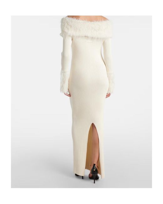 Jean Paul Gaultier White Ribbed-Knit Faux Fur-Trimmed Maxi Dress