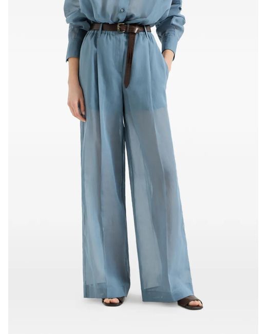 Brunello Cucinelli Blue Cotton Organza Wide-Leg Trousers