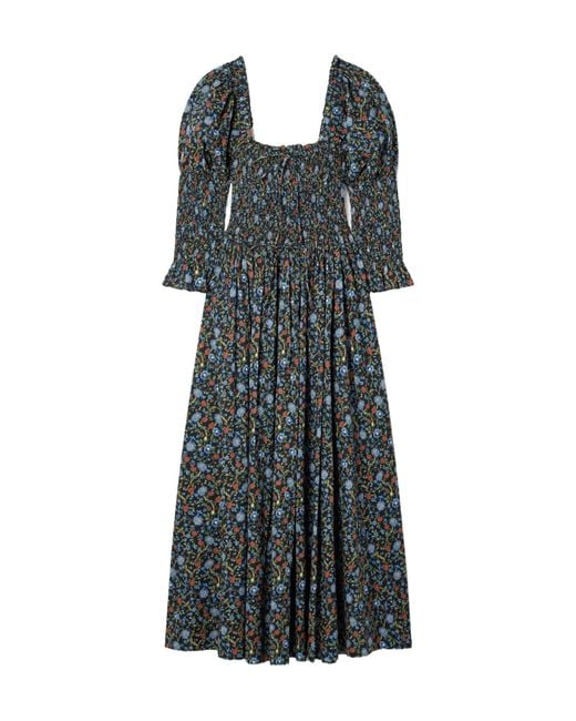 Doen Black Bijou Shirred Floral-Print Organic Cotton-Voile Midi Dress