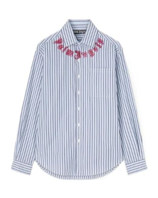 Palm Angels Blue Logo Printed Striped Shirt for men