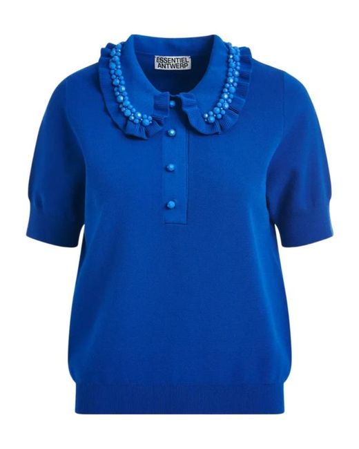 Essentiel Antwerp Blue Ruffle Fine-Knit Polo Top With Bead Embellishments
