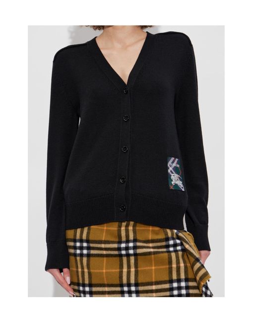 Burberry Black Wool Cardigan With Logo Patch